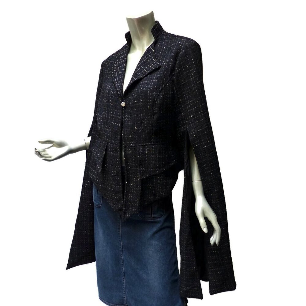 Black Tweed Jacket Super Long Split Sleeves Medium Black Silver Lined Rokh?